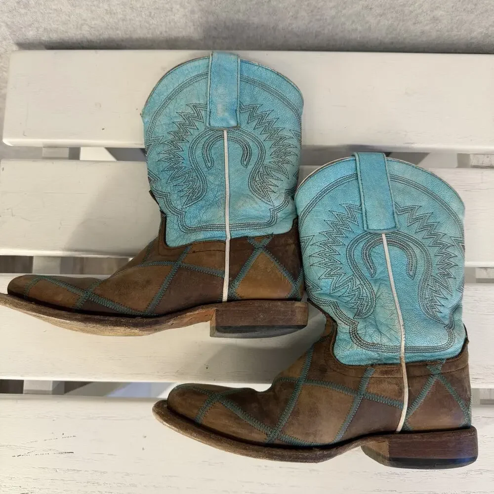 HP Western Boots Girls Size 1 Blue Brown Leather Embroidered Cowboy